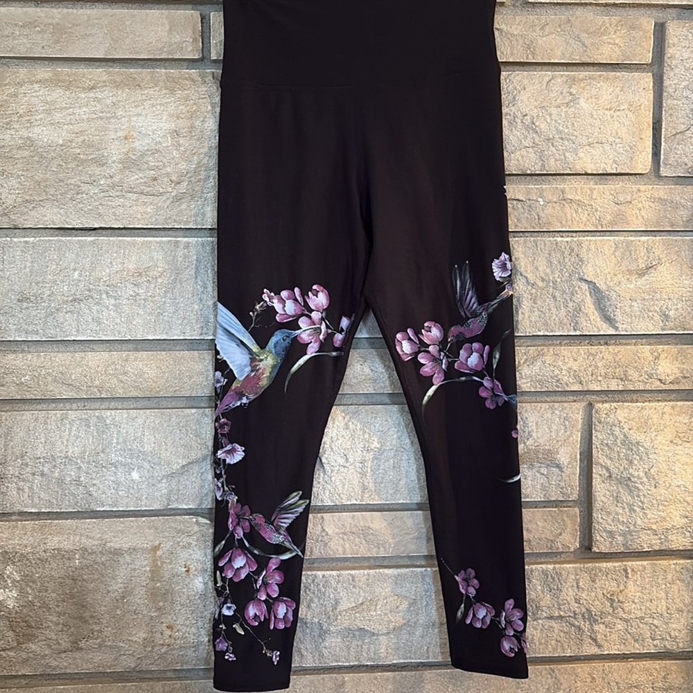 High-Waist Black Leggings with Pink Floral & Hummingbird Print
